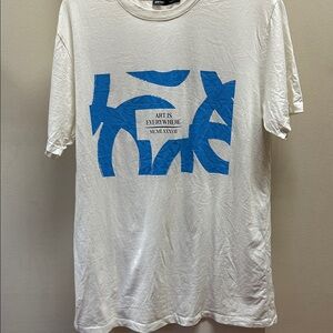White T-Shirt with Blue Graphic Print large